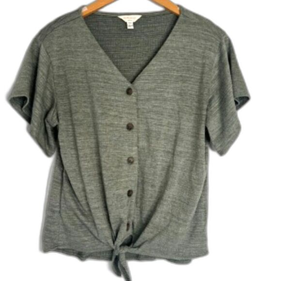 Weatherproof Army Green Short Sleeve Vneck Button Front Tie Front Blouse Size MD - Picture 1 of 9
